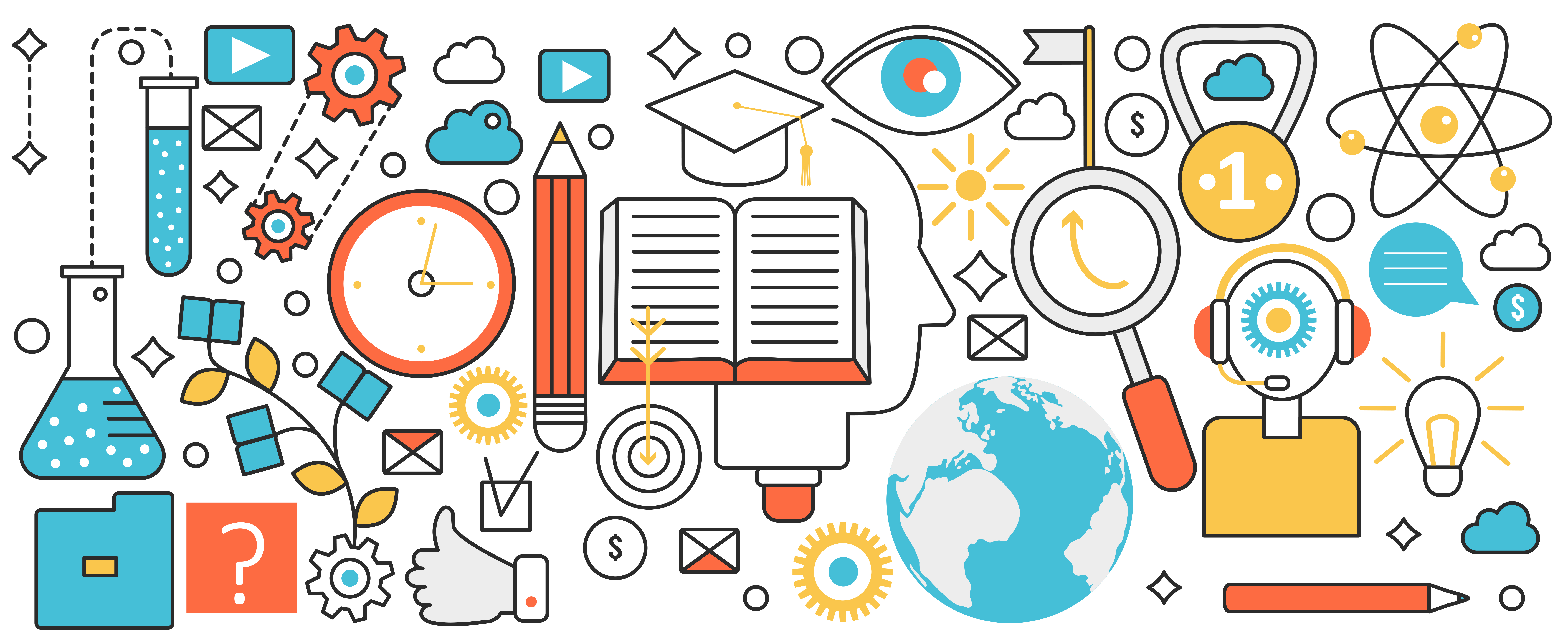 A chaotic image including a book, a pencil, a globe map all of which are intended to show the complexity of study.