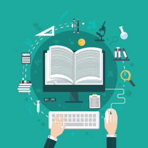 An open book on a pedestal surrounded by images of scientific instruments. A pair of hands are at the bottom, one on a keyboard, the other on a mouse.