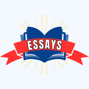 A blue book with a red ribbon laid across it embroidered with the word 'essays'.